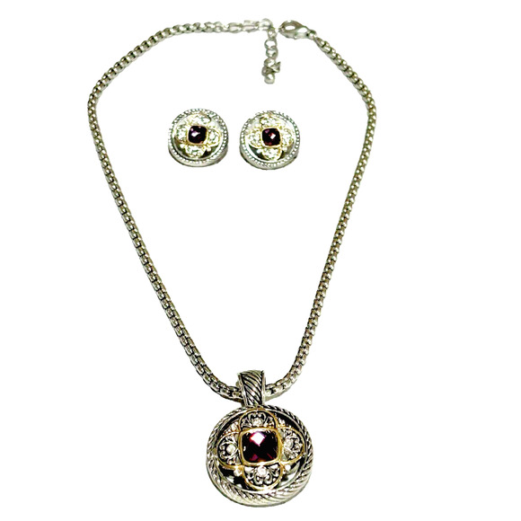 Fashion Jewelry Set Silver & Gold Necklace Pendant Pierced Earrings Purple Stone - Picture 1 of 9